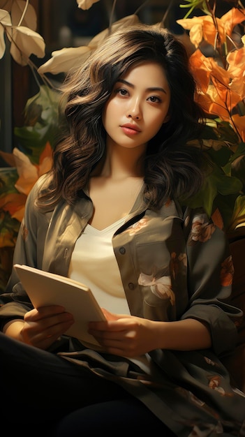 Portrait Une belle jeune femme asiatique utilise un smartphone Illustration de fond