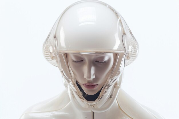 Photo portrait d'une belle jeune femme astronaute androïde portant un casque de protection en costume spatial illustration générative ai