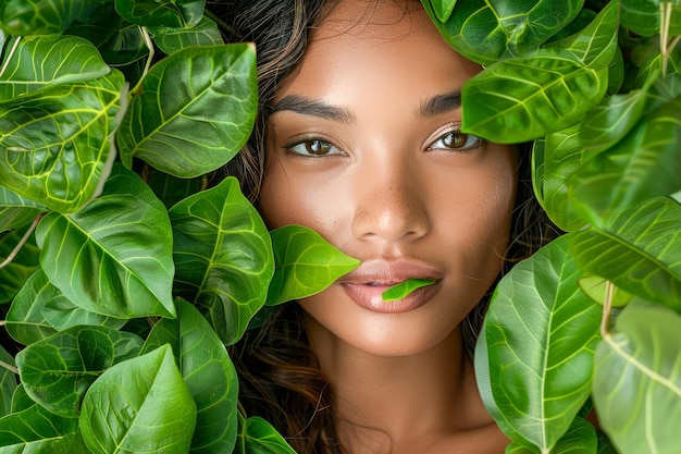 Photo portrait d'une belle jeune femme au maquillage naturel entourée de feuilles vertes luxuriantes dans un