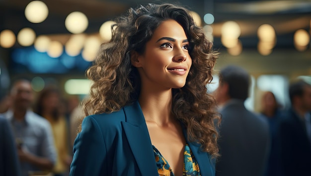 Portrait d'une belle jeune femme aux cheveux bouclés en costume d'affaires