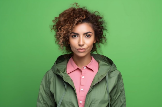 Portrait d'une belle jeune femme aux cheveux bouclés sur fond vert