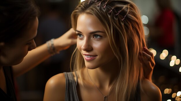 Portrait d'une belle jeune femme aux cheveux longs dans un salon de beauté ai générative