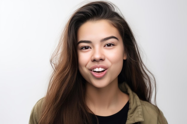 Portrait d'une belle jeune femme aux cheveux longs sur un fond blanc