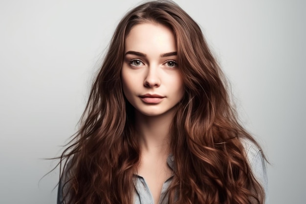 Portrait de la belle jeune femme aux cheveux longs isolé sur fond blanc