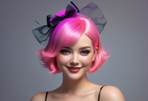 Portrait d'une belle jeune femme aux cheveux roses et au nœud sur la tête