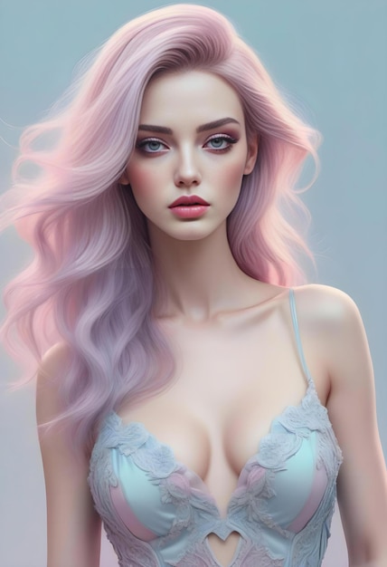 Portrait d'une belle jeune femme aux cheveux roses en lingerie