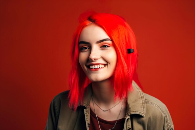 Portrait d'une belle jeune femme aux cheveux rouges et casque sur fond rouge Generative AI