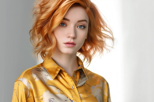 Portrait d'une belle jeune femme aux cheveux rouges dans une chemise jaune