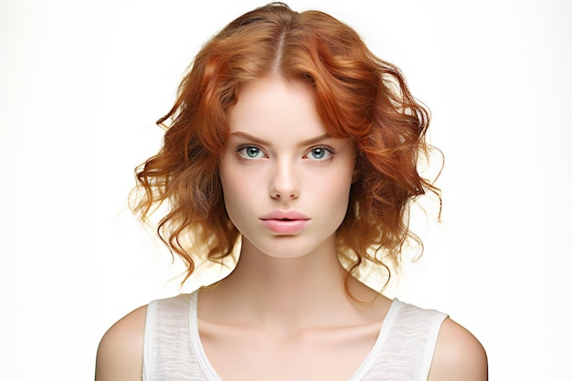 Portrait d'une belle jeune femme aux cheveux rouges sur fond blanc