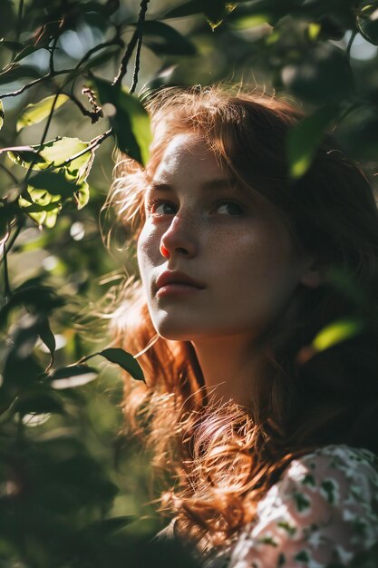 Photo portrait d'une belle jeune femme aux cheveux roux dans le jardin