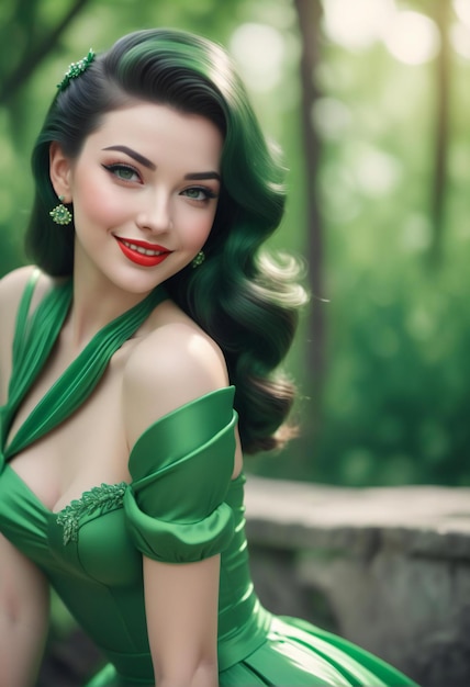 Portrait d'une belle jeune femme aux cheveux verts et au maquillage dans une robe verte
