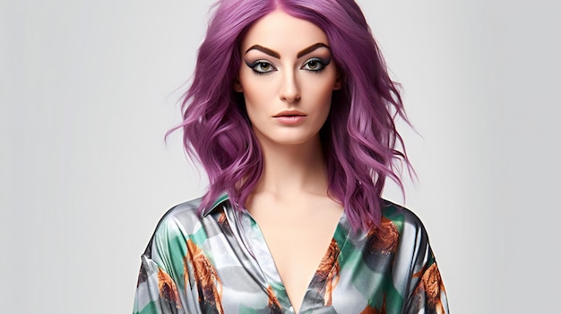 Portrait d'une belle jeune femme aux cheveux violets sur un fond gris