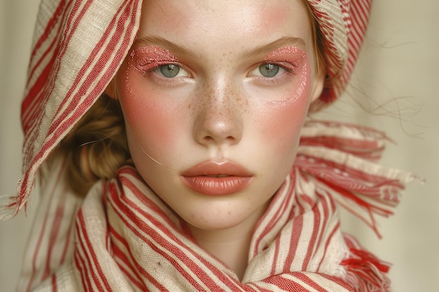 Portrait d'une belle jeune femme aux joues roses et à l'écharpe rayée, maquillage haut de gamme et doux.