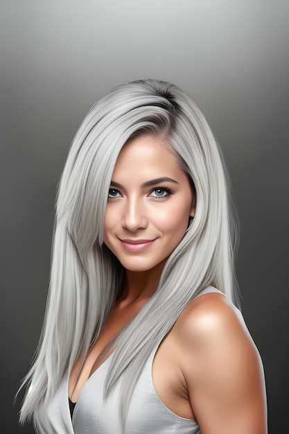 Portrait d'une belle jeune femme aux longs cheveux blonds Fond gris