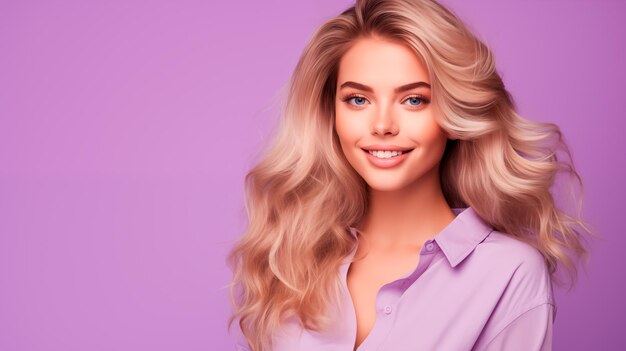 Portrait d'une belle jeune femme aux longs cheveux blonds sur un fond violet