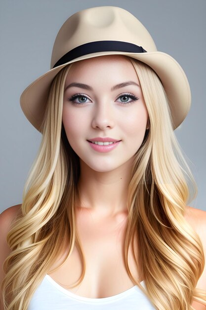 Portrait d'une belle jeune femme aux longs cheveux blonds portant un chapeau
