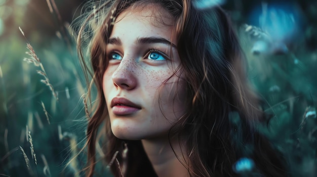Portrait d'une belle jeune femme aux longs cheveux bruns et aux yeux bleus. Elle se tient dans un champ d'herbe haute et regarde le ciel.