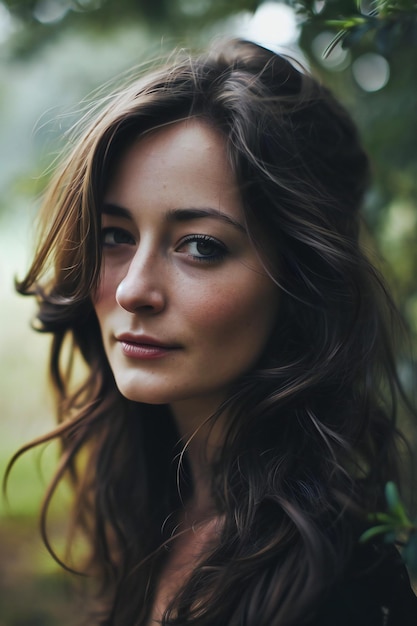 Portrait d'une belle jeune femme aux longs cheveux bruns et aux yeux bruns