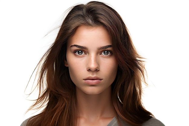 Portrait d'une belle jeune femme aux longs cheveux bruns sur fond blanc