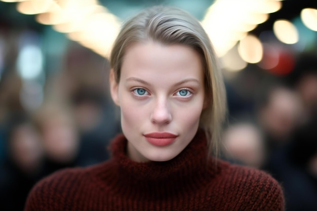 Portrait d'une belle jeune femme aux yeux bleus dans un pull rouge