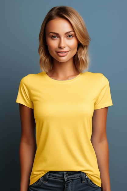 Portrait d'une belle jeune femme blonde dans un t-shirt jaune IA générative