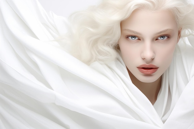 Portrait d'une belle jeune femme blonde dans un tissu blanc