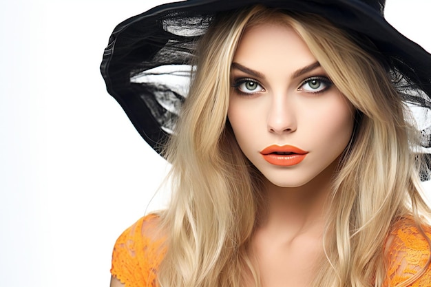 Portrait de la belle jeune femme blonde avec du maquillage en robe orange et un chapeau