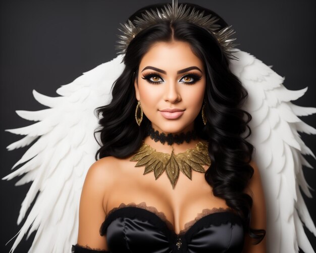 Portrait d'une belle jeune femme brune avec des ailes d'ange