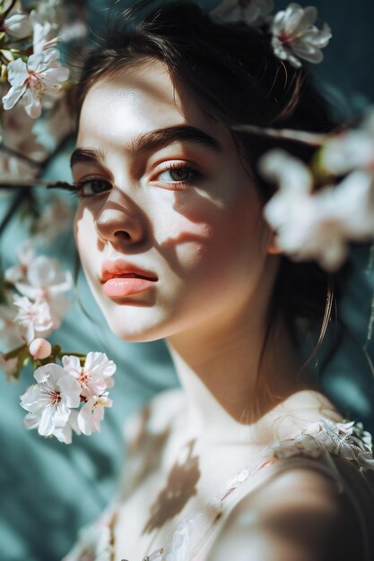 Portrait d'une belle jeune femme brune avec des fleurs de printemps