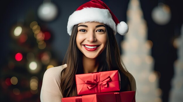 Portrait d'une belle jeune femme avec des cadeaux portant un chapeau de Noël