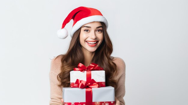 Portrait d'une belle jeune femme avec des cadeaux portant un chapeau de Noël