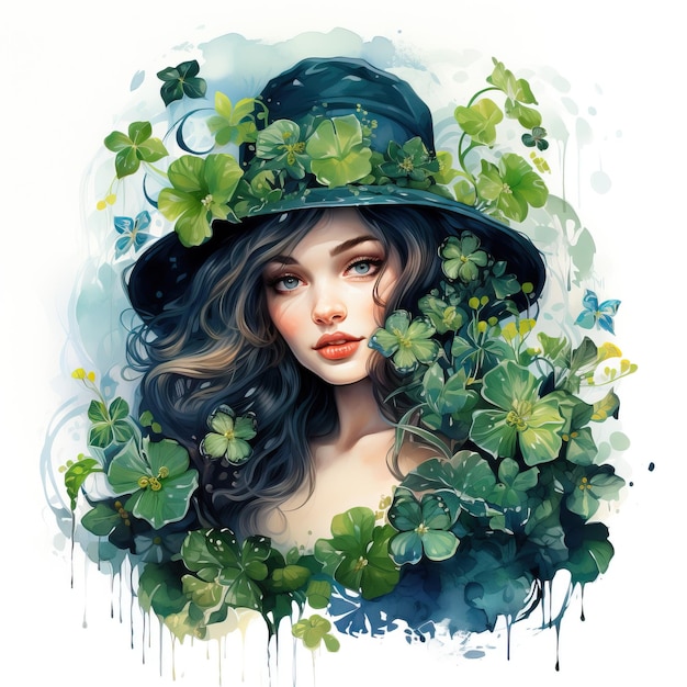 Photo portrait d'une belle jeune femme avec un chapeau et des feuilles de trèfle vert