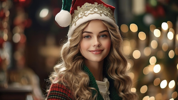 Portrait d'une belle jeune femme avec un chapeau de Noël sur un fond flou
