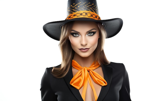 Portrait d'une belle jeune femme avec un chapeau noir et un foulard orange sur fond blanc