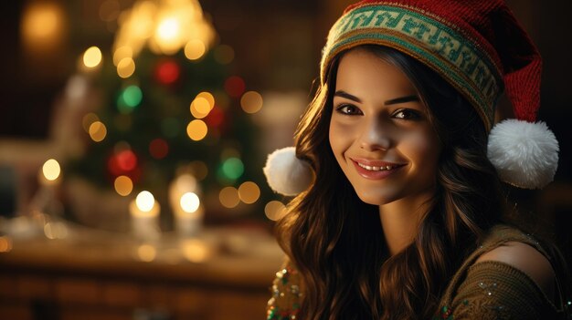 Portrait d'une belle jeune femme avec un chapeau de Père Noël et un arbre de Noël en arrière-plan