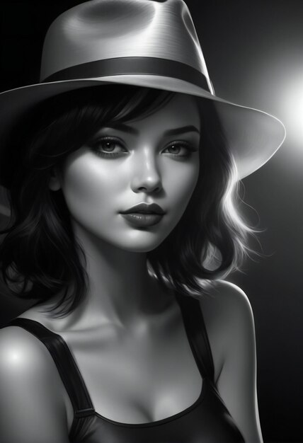 Portrait d'une belle jeune femme avec un chapeau photo noir et blanc