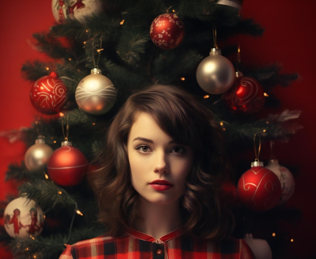 Portrait d'une belle jeune femme en chemise à carreaux rouge avec arbre de Noël
