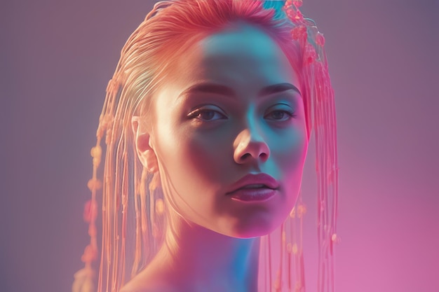 portrait d'une belle jeune femme avec des cheveux au néon dans des lumières au néon sur un portrait de fond gradient de b