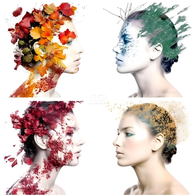 Portrait d'une belle jeune femme avec une coiffure florale Collage