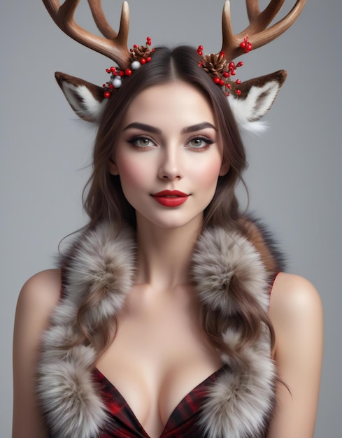 Photo portrait d'une belle jeune femme avec des cornes de rennes sur la tête