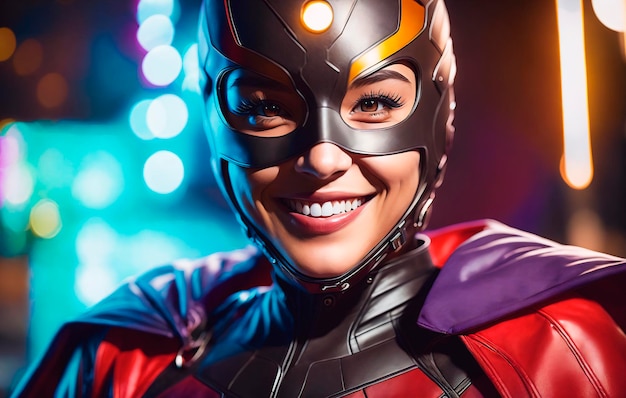 Portrait d'une belle jeune femme en costume de super-héros et portant un masque