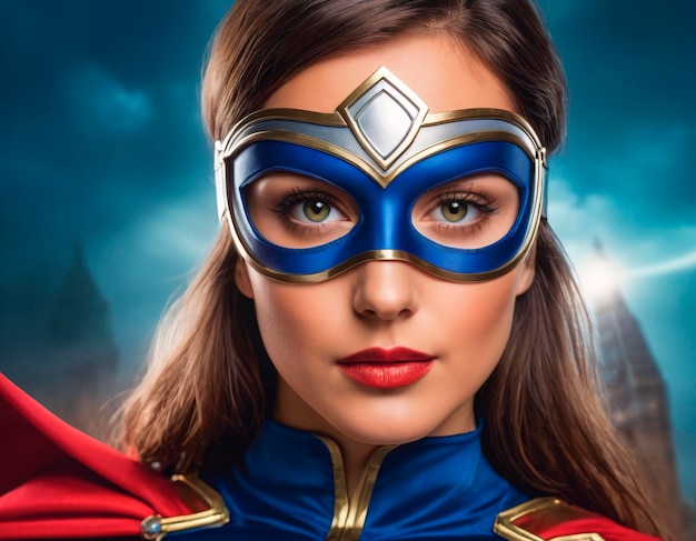Portrait d'une belle jeune femme en costume de super-héros et portant un masque