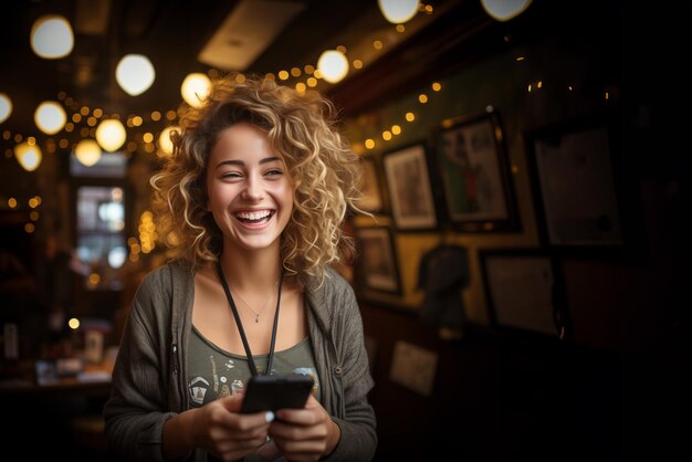 Portrait d'une belle jeune femme dans un bar avec un téléphone portable Image générée par l'IA