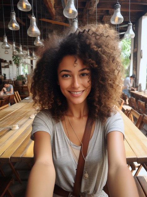 Portrait d'une belle jeune femme dans un café en plein air
