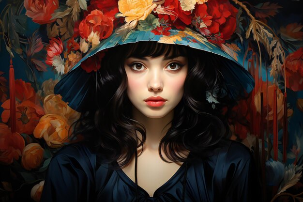 Portrait d'une belle jeune femme dans un chapeau avec des fleurs