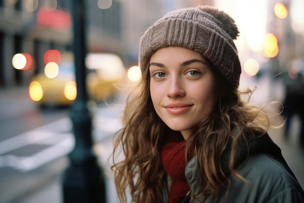 portrait d'une belle jeune femme dans un chapeau d'hiver et une écharpe dans la rue à new york city