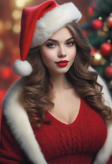 Portrait d'une belle jeune femme dans le chapeau de Noël du Père Noël