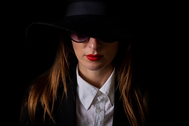 Portrait d'une belle jeune femme dans un chapeau noir et des lunettes sur fond noir.