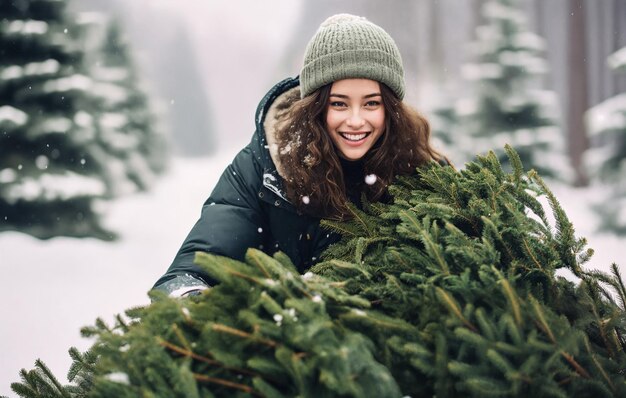 Portrait d'une belle jeune femme dans la forêt d'hiver avec un arbre de Noël généré par l'IA