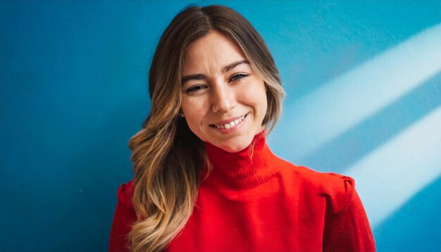 Portrait d'une belle jeune femme dans un pull rouge sur un fond bleu